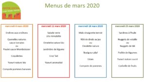 Lire la suite à propos de l’article Menus de mars 2020